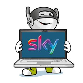 htp-Maskottchen hält Laptop mit Sky-Logo in der Hand
