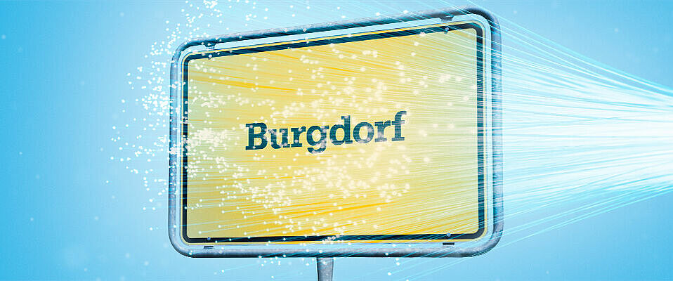 Ortseingangsschild vor blauem Hintergrund mit der Aufschrift Burgdorf
