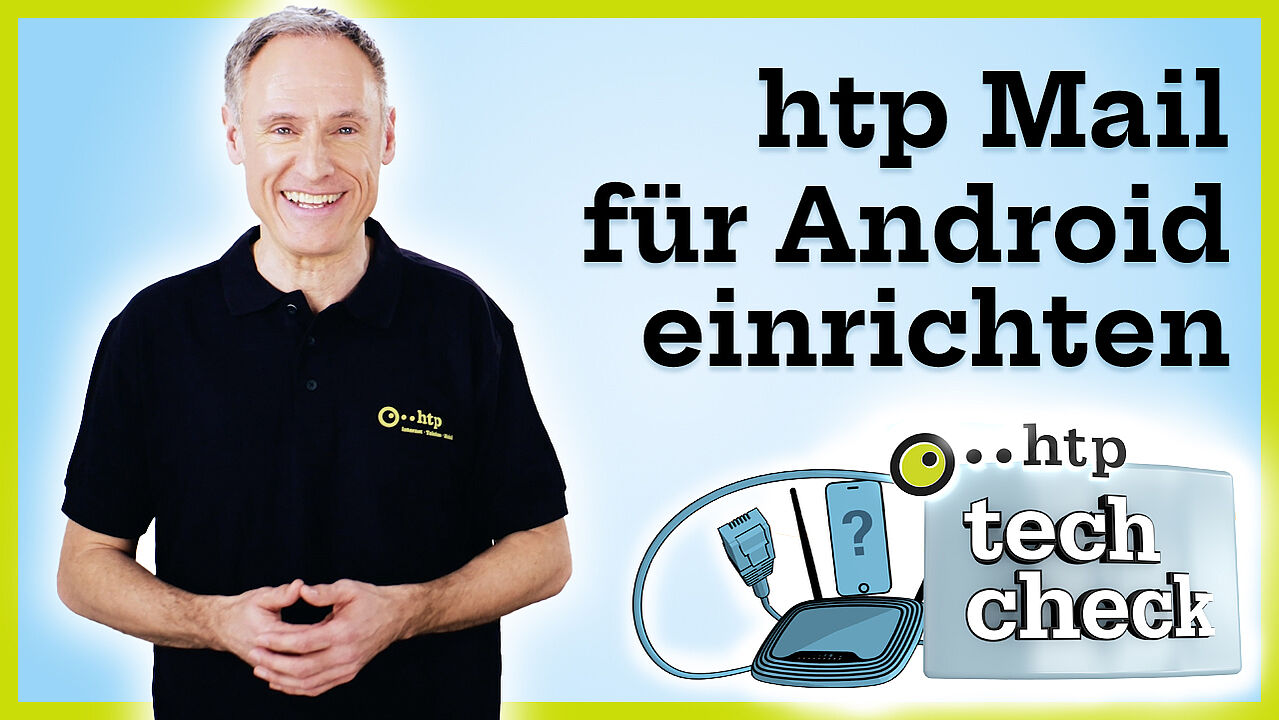 Mann mit schwarzem htp Poloshirt steht vor blauem Hintergrund neben dem Schriftzug "htp Mail für Android einrichten"