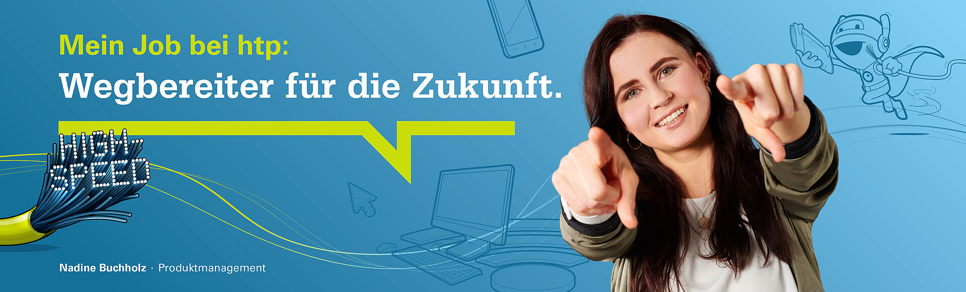 Nadine Bucholz auf einem Banner mit der Aufschrift "Mein Job bei htp: Wegbereiter für die Zukunft."