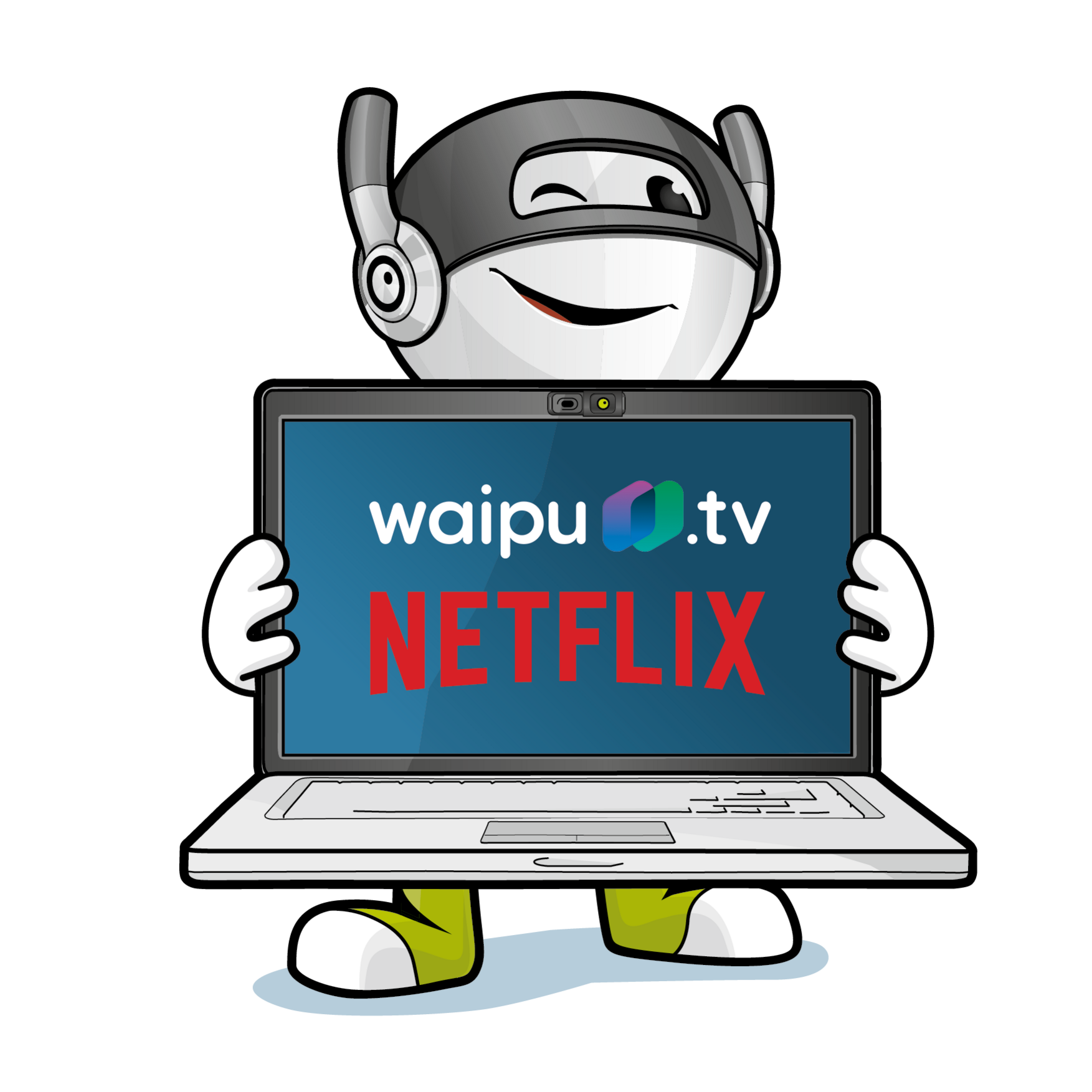 Illustration des Maskottchens, welches einen aufgeklappten Laptop mit dem waipuTV und Netflix Logo in der Hand hält