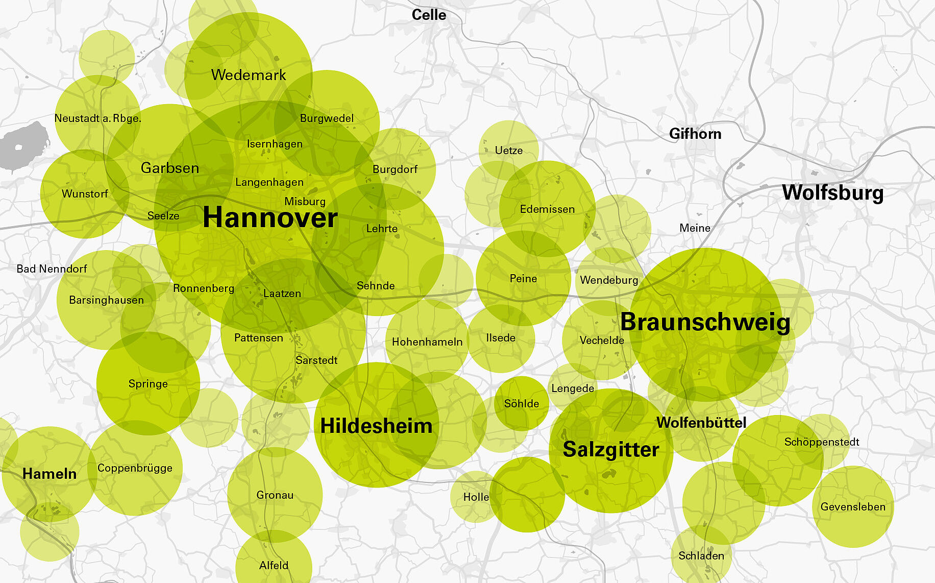 Karte mit Städtenamen und grünem Radius