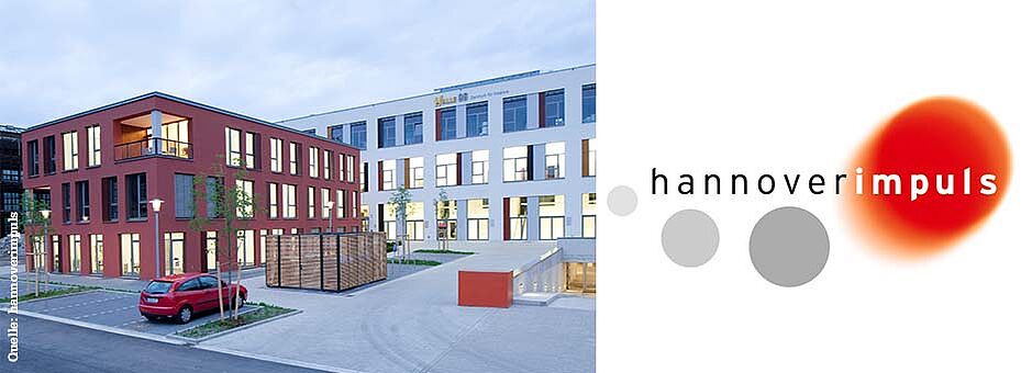 Referenzbild Hannoverimpuls: Links ein Gebäude und rechts das Logo auf weißem Hintergrund